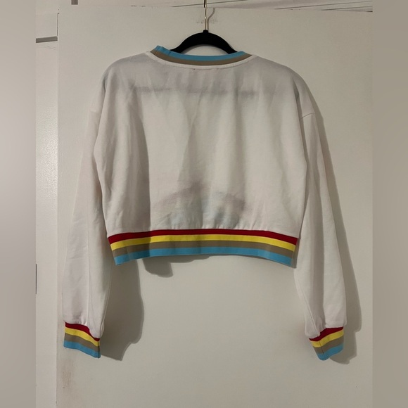Dreamer White & Rainbow Asymmetrical Long Sleeve Crop Top size Medium (J120) - Picture 8 of 13